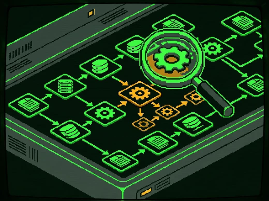 Pixel-Illustration: Datenflüsse zwischen Dokumenten, Datenbanken und Zahnrädern, darüber eine Lupe, die ein Zahnrad vergrößert.