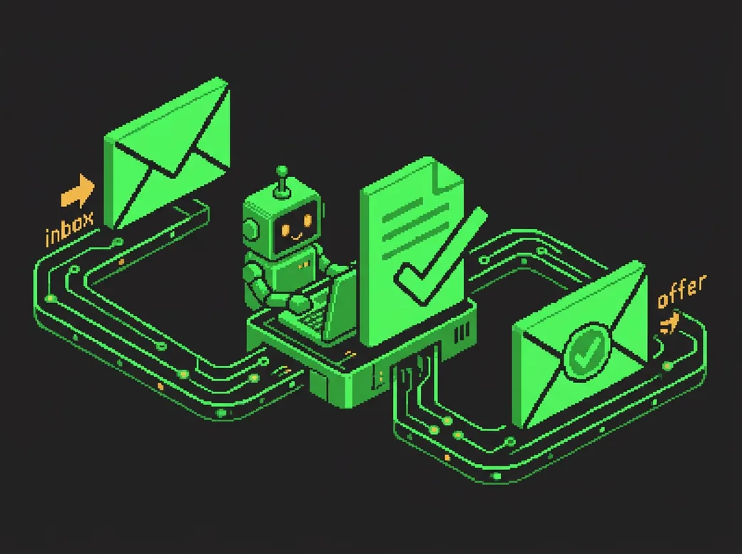Pixel-Illustration: ein kleiner Roboter am Laptop zwischen einer eingehenden Mail („inbox“) und einem fertigen Angebot („offer“), verbunden über Leiterbahnen.