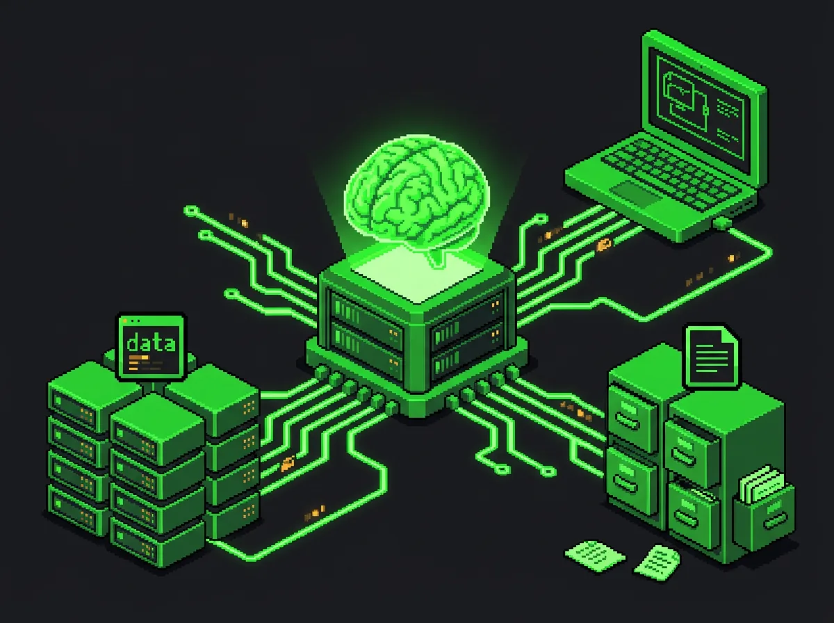 Pixel-Illustration: ein leuchtendes grünes Gehirn auf einem Serverwürfel in der Mitte, verbunden über Leiterbahnen mit Datenspeichern links, einem Aktenschrank rechts und einem Laptop oben.
