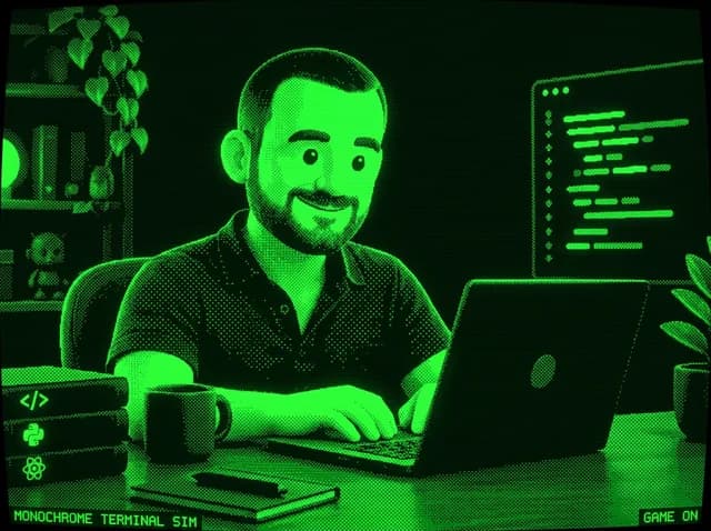 Pixel-Illustration von Marvin Burghardt: am Schreibtisch vor einem Laptop, dahinter ein Bildschirm mit Code, daneben ein Stapel Fachbücher und eine Tasse, im Stil eines grünen Monochrom-Terminals.