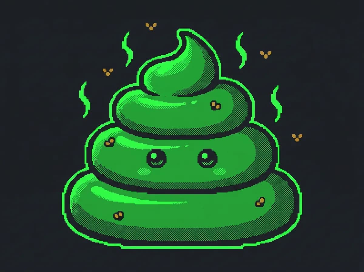 Pixel-Illustration: ein grüner Kackhaufen mit großen Augen, um ihn herum Geruchswellen und ein paar orange Krümel.