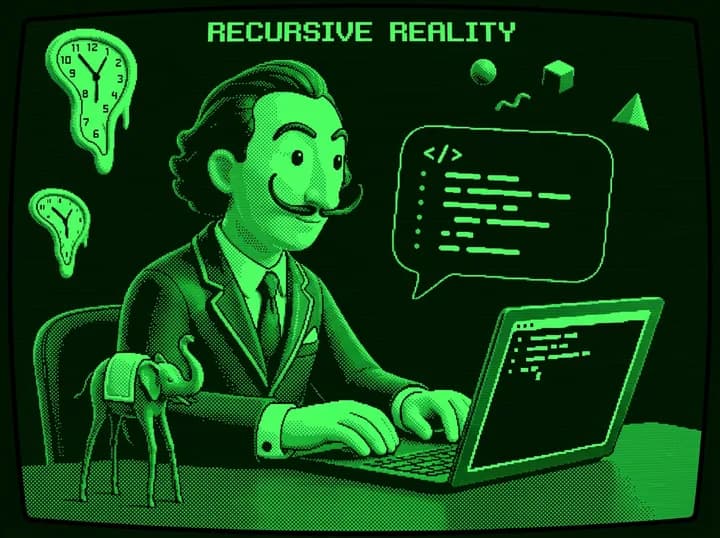 Pixel-Illustration: ein Mann im Anzug tippt an einem Laptop, neben ihm eine Sprechblase mit Programmcode und zerfließende Uhren.