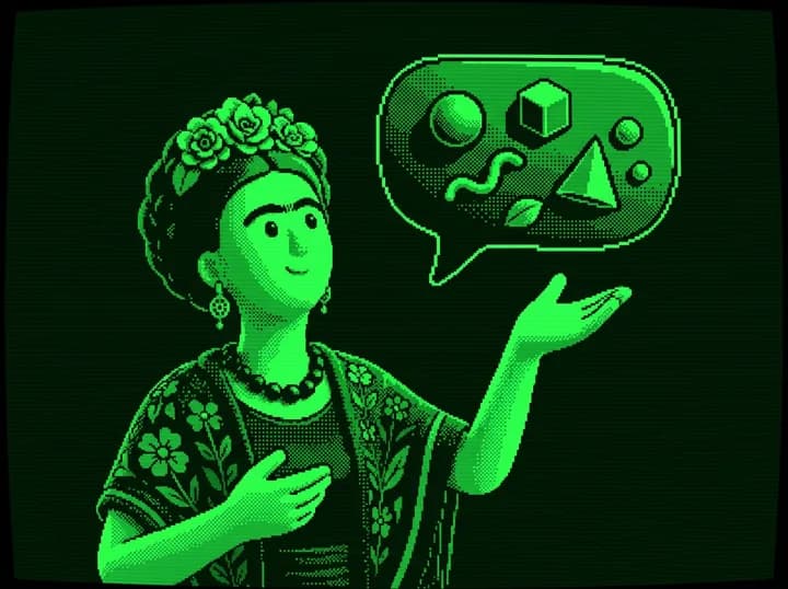Pixel-Illustration: eine Frau mit Blumenkranz im Haar hält die offene Hand unter eine Sprechblase, in der ein paar einfache Formen schweben — Kugel, Würfel, Dreieck, eine Schlangenlinie.